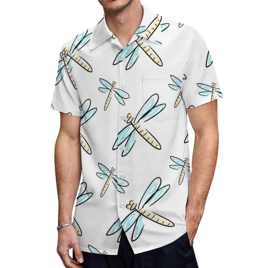 Short Sleeve Blue Yellow Dragonfly Hawaiian Shirt Mens Button Down Plus Size Tropical Hawaii Beach Shirts