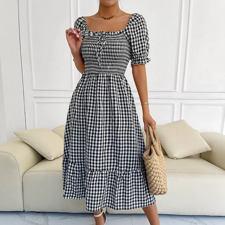 Retro Elegant Plaid Tie Square Neck Mid Slit Dress