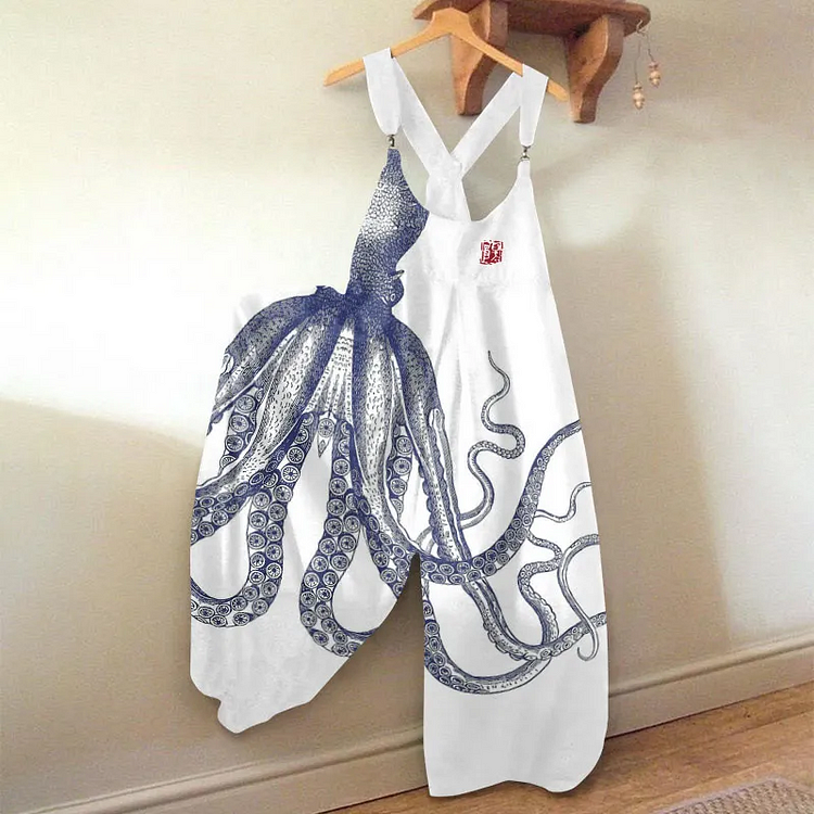 Vintage Japanese Art Octopus Print Loose Casual Jumpsuit
