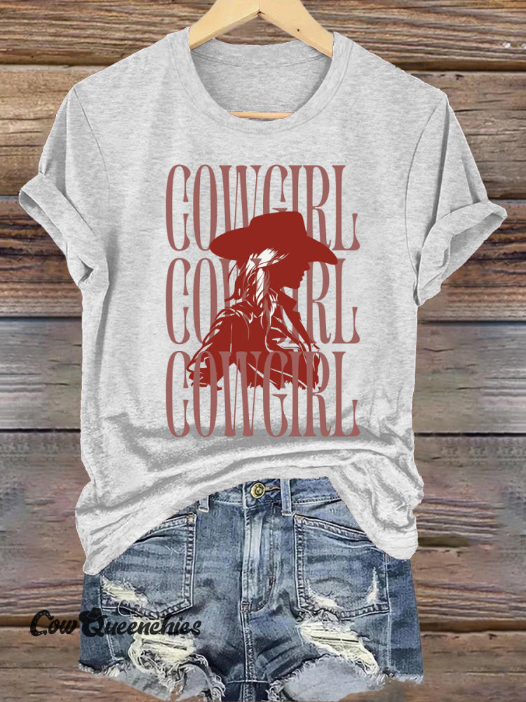 Cow Girl Portrait Text Print Casual Round Neck Short Sleeve T-Shirt White / S