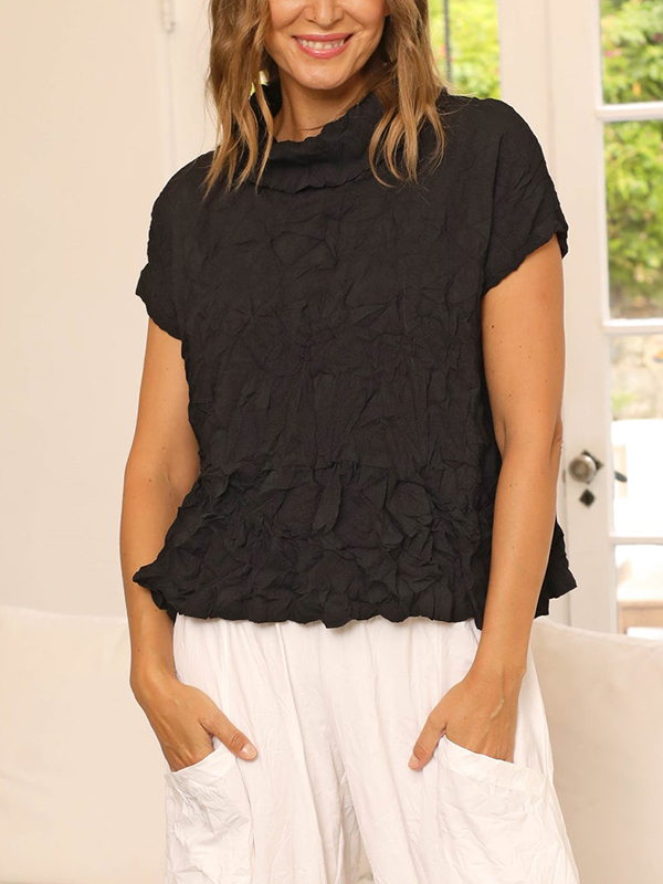 Short Sleeve Crinkled Embossed Fabric Solid Color Blouses