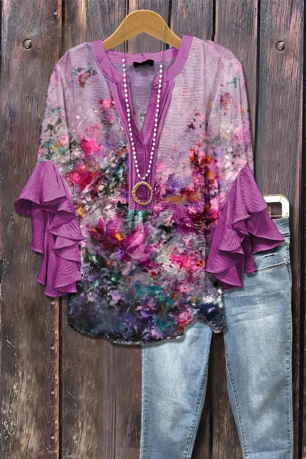 Elegant Floral Print Ruffle Sleeve Top