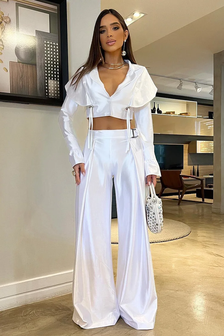 V Neck Overlay Design Long Sleeve Crop Top Wide Leg Pants 2pcs Set-White