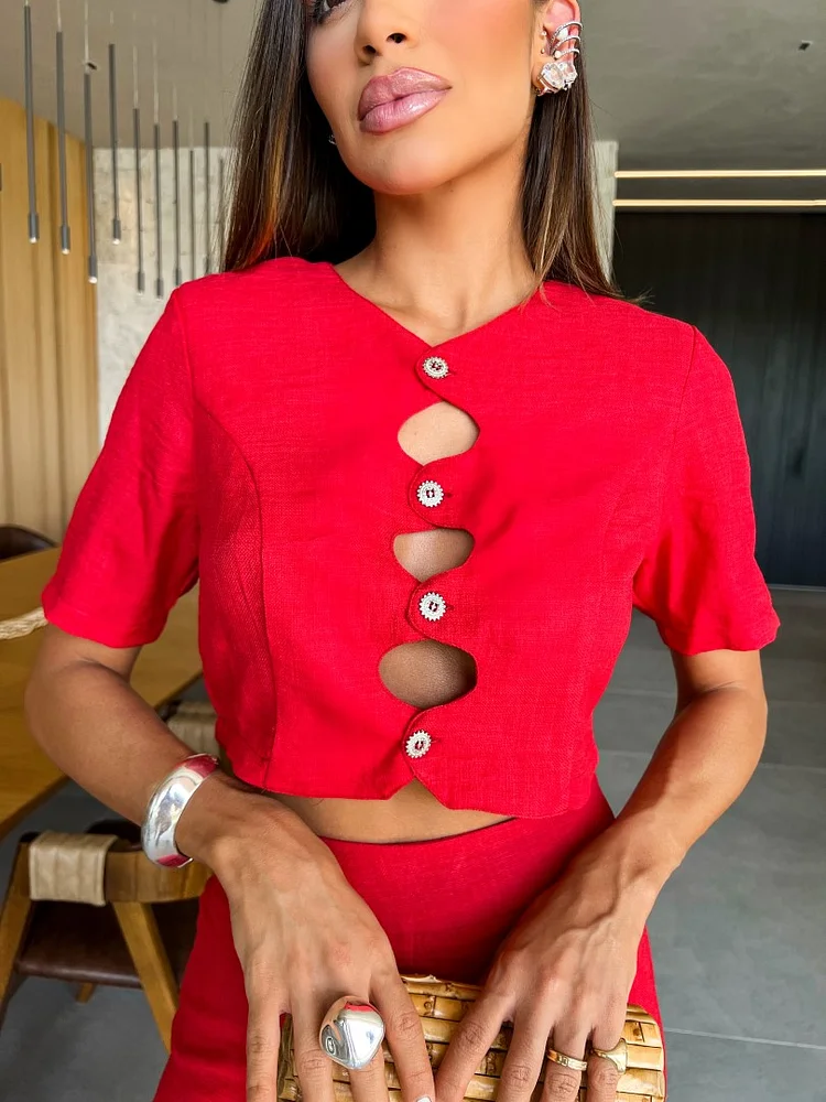 Cutout Short Sleeve Solid Color Top and Pants Set