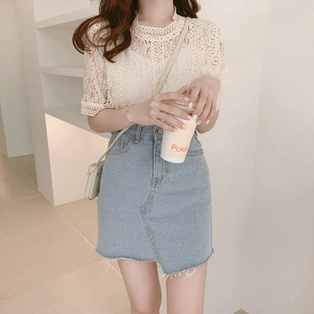 2021 Spring Summer Fashion Slim Fit Hollow Out Women Blouses and Tops Short Sleeve Lace Shirt Women Blusas Mujer De Moda 8745 50