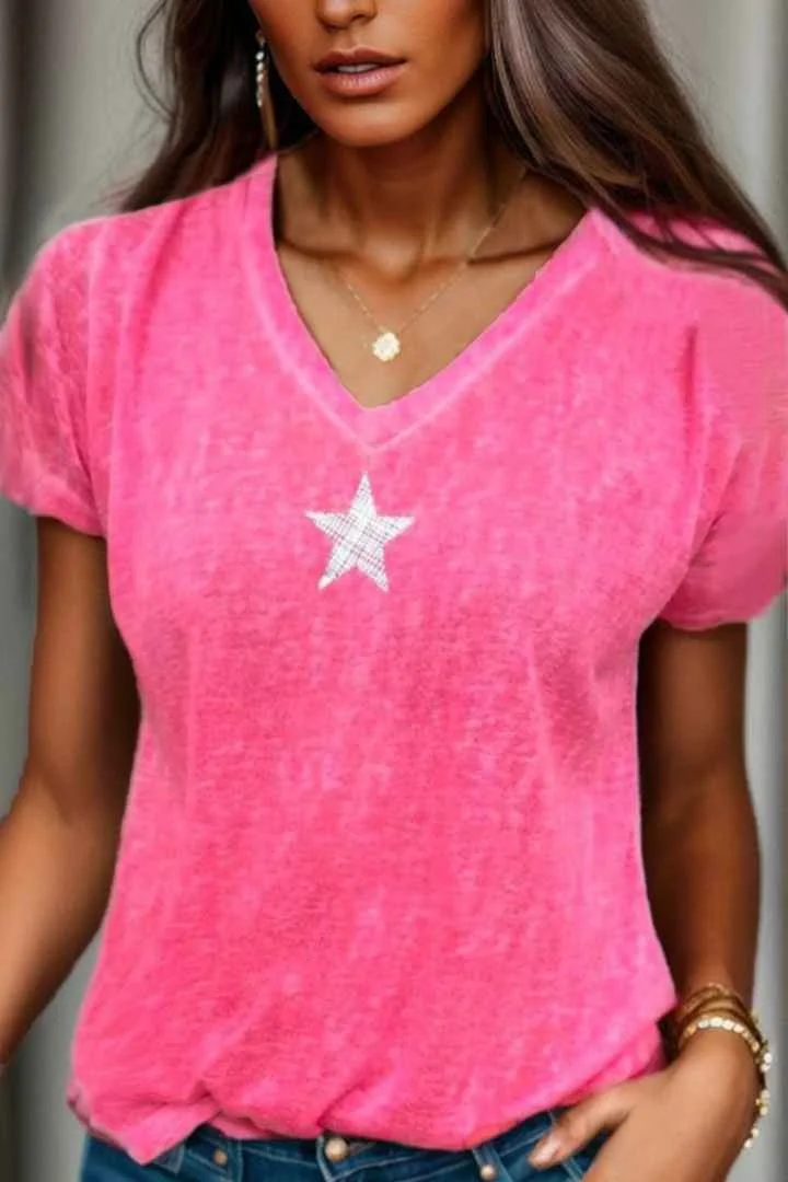 Star Print V Neck T-Shirt