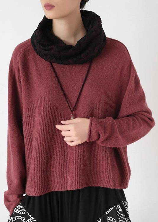 Pullover high neck red knit sweat tops trendy plus size Batwing Sleeve clothes