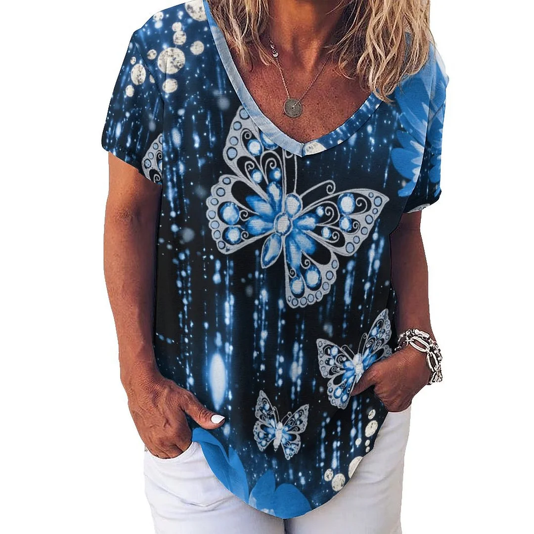 V-neck Short Sleeve Casual T-shirt for  Women Printed with Pattern Butterfly, Blue, Glitter
