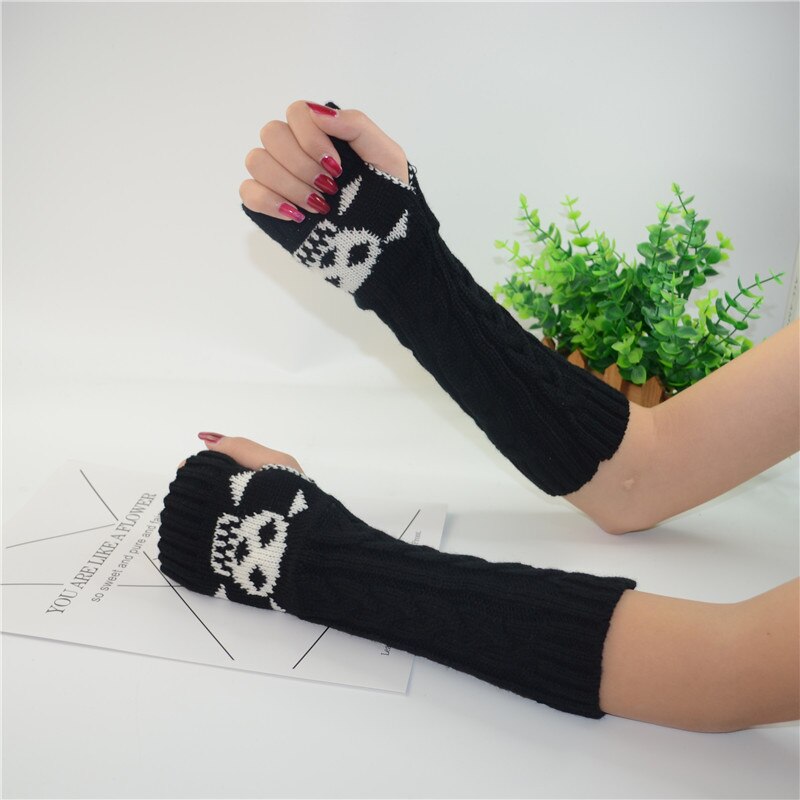 Harajuku Black Skull Women Half Finger Knitting Warm Long Glove