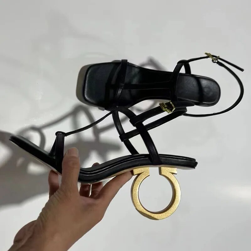 Gladiator Sandals Woman Open Toe Narrow Band T-strap Strange Metals High Heels Lady Party Shoes