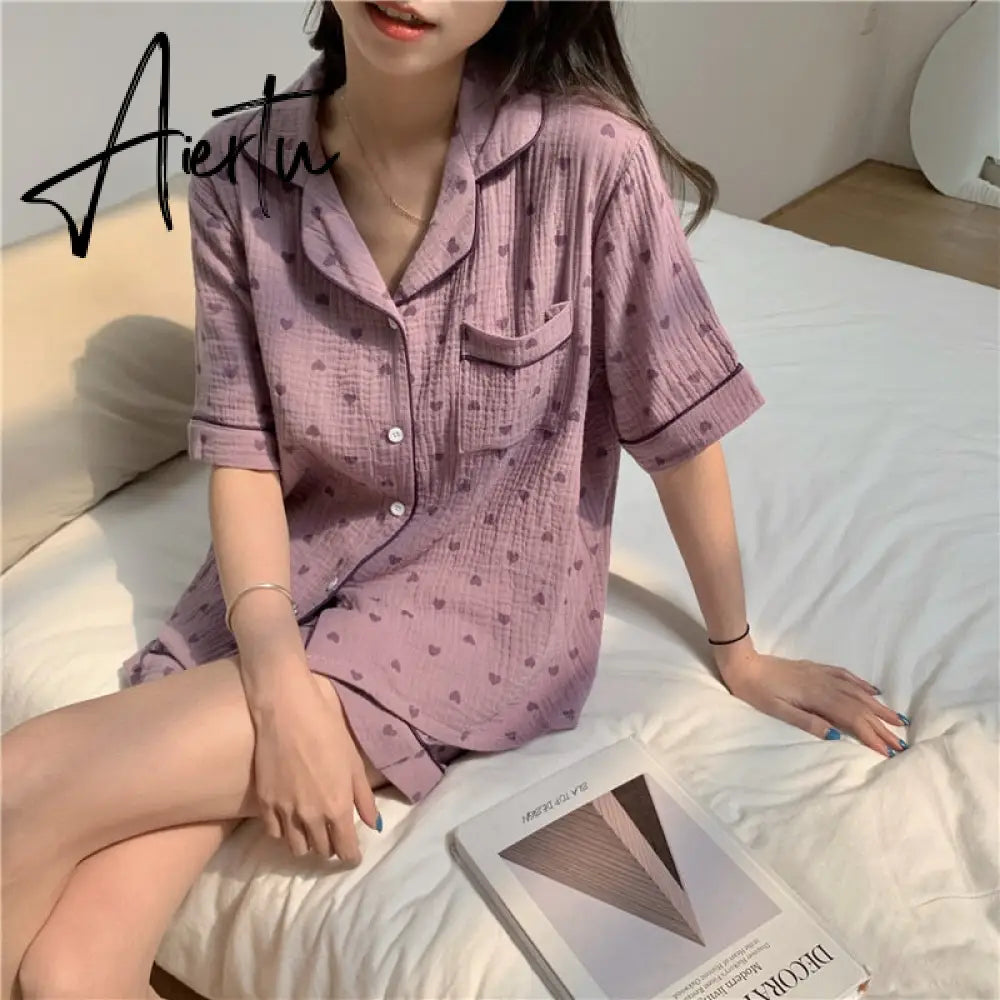 Lovely Heart Print Summer Pajamas Set Women Single Breasted Shirts + Shorts Set Two Piece Home Suit Cotton Sweet Kawaii Aiertu