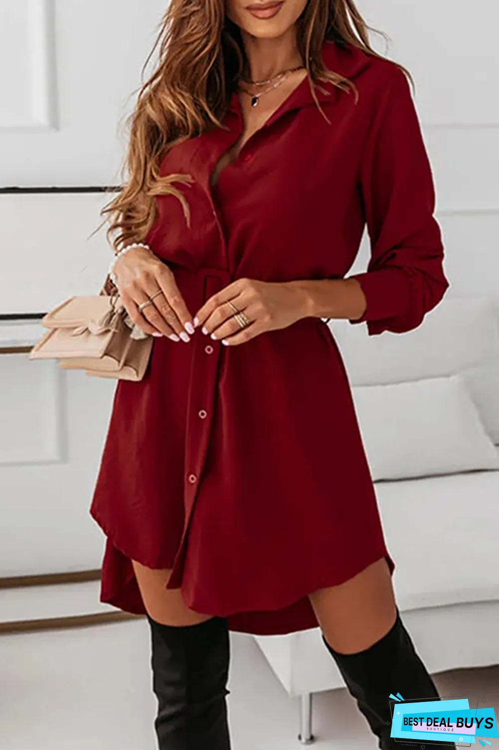 Casual Elegant Solid Buckle With Belt Turndown Collar Shirt Dress Dresses