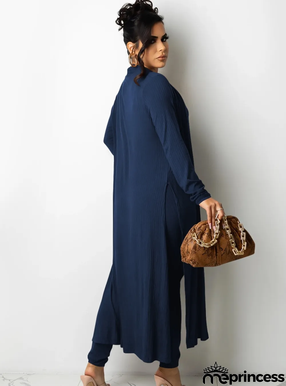 Fall Blue Knit Crop Top and Pants with Matching Cardigans 3 Piece Set