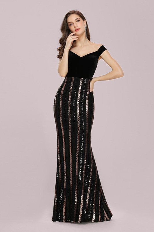 Sexy Black Sequins Long Sleeve V-Neck Prom Evening Gowns - lulusllly