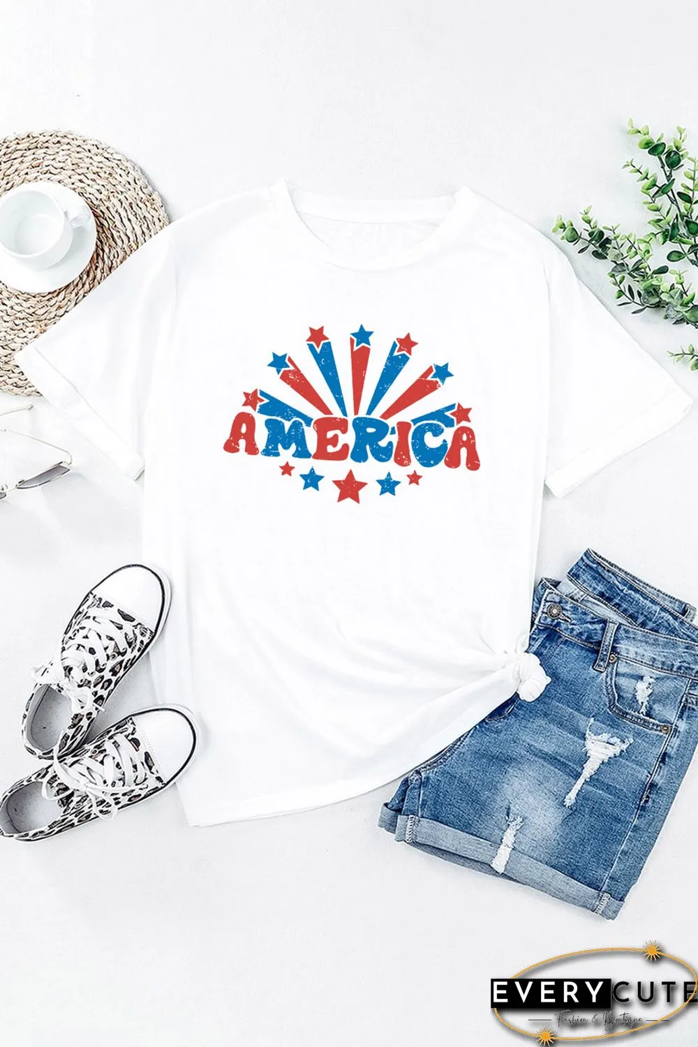 White AMERICA Stars Graphic Print Short Sleeve T Shirt