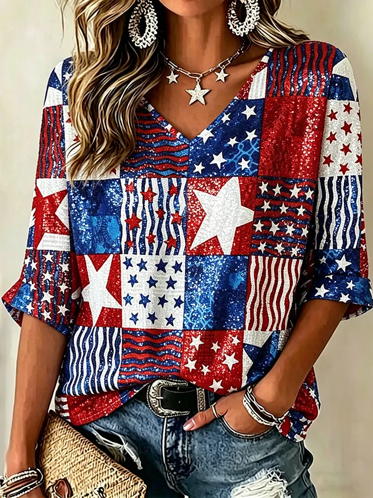 Women's American Independence Day Star Art Patchwork V-neck Short Sleeve Top