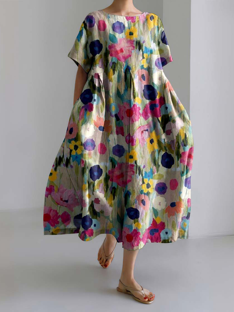 Comstylish Women&lsquo;s Floral Art Crew Neck Linen Blend Maxi Dress