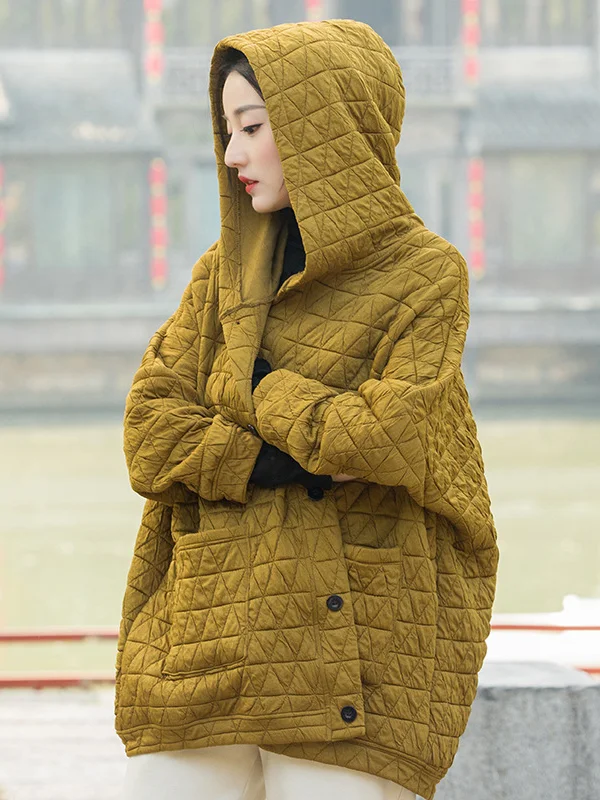 Casual Long Sleeves Roomy Buttoned Keep Warm Pure Color Hooded Padded Coat