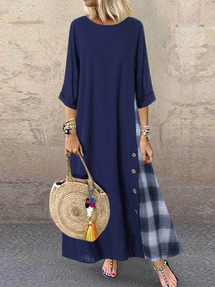 3/4 Sleeve Round Neck Plaid Patchwork Casual Maxi Dress