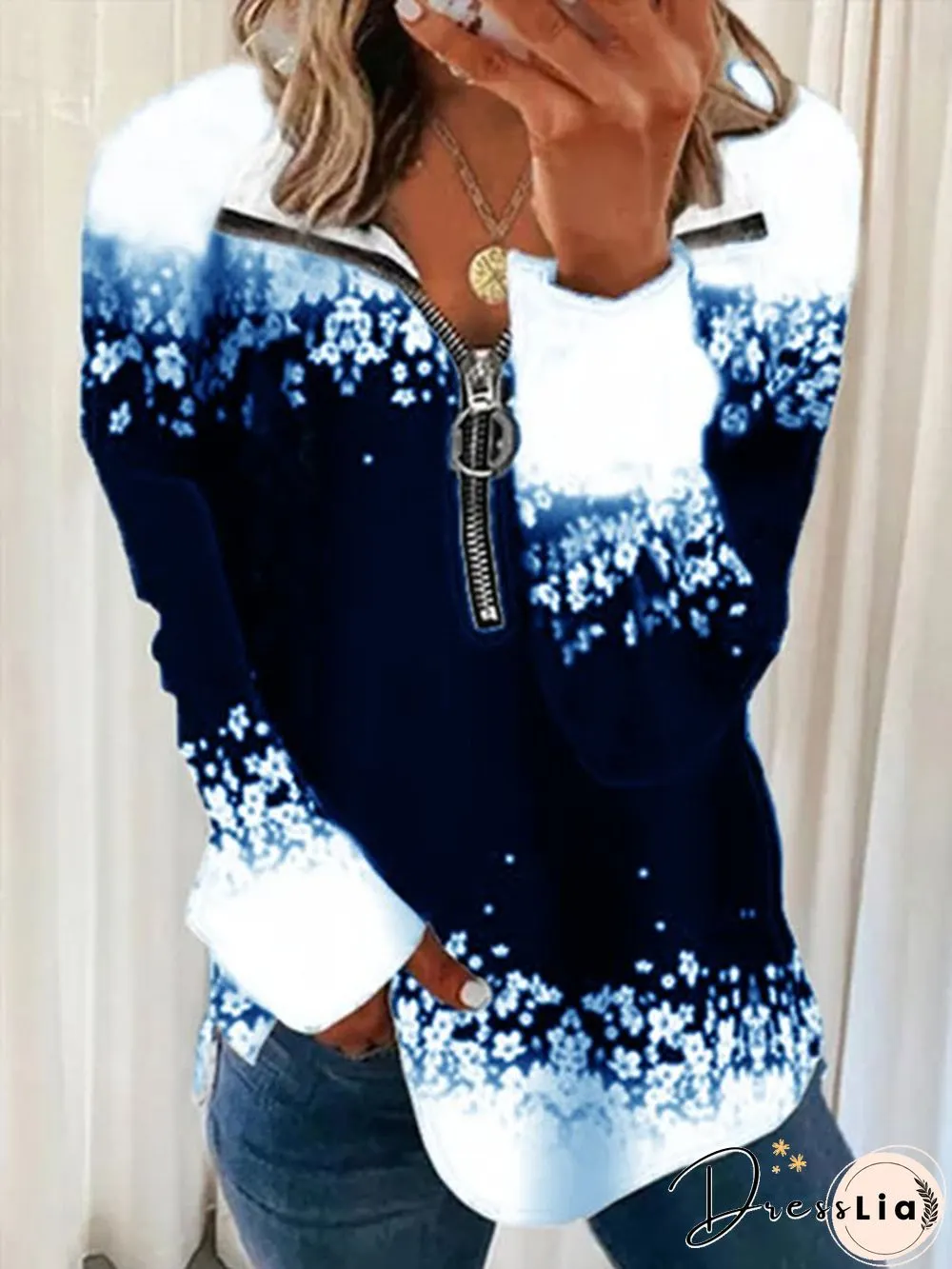 Plus Size Casual Zipper Printed Sweatshirts