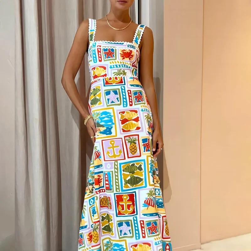 Nigikala Nigikala Women's Wear 2024 Fashion Personality Graffiti Sling With Breast Temperament Large Hem Dress Female