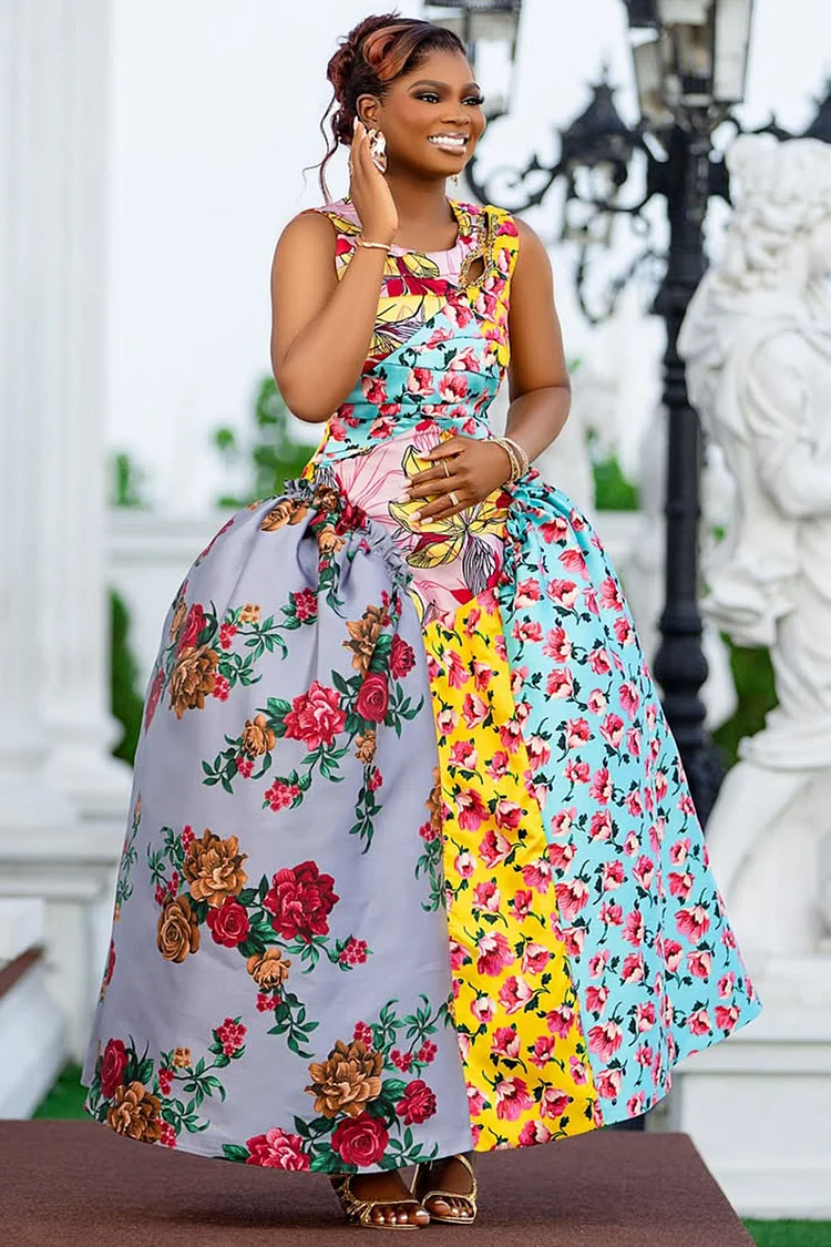 Colorblock Floral Print Sleeveless Party Maxi Dresses-Multicolor [Pre Order]