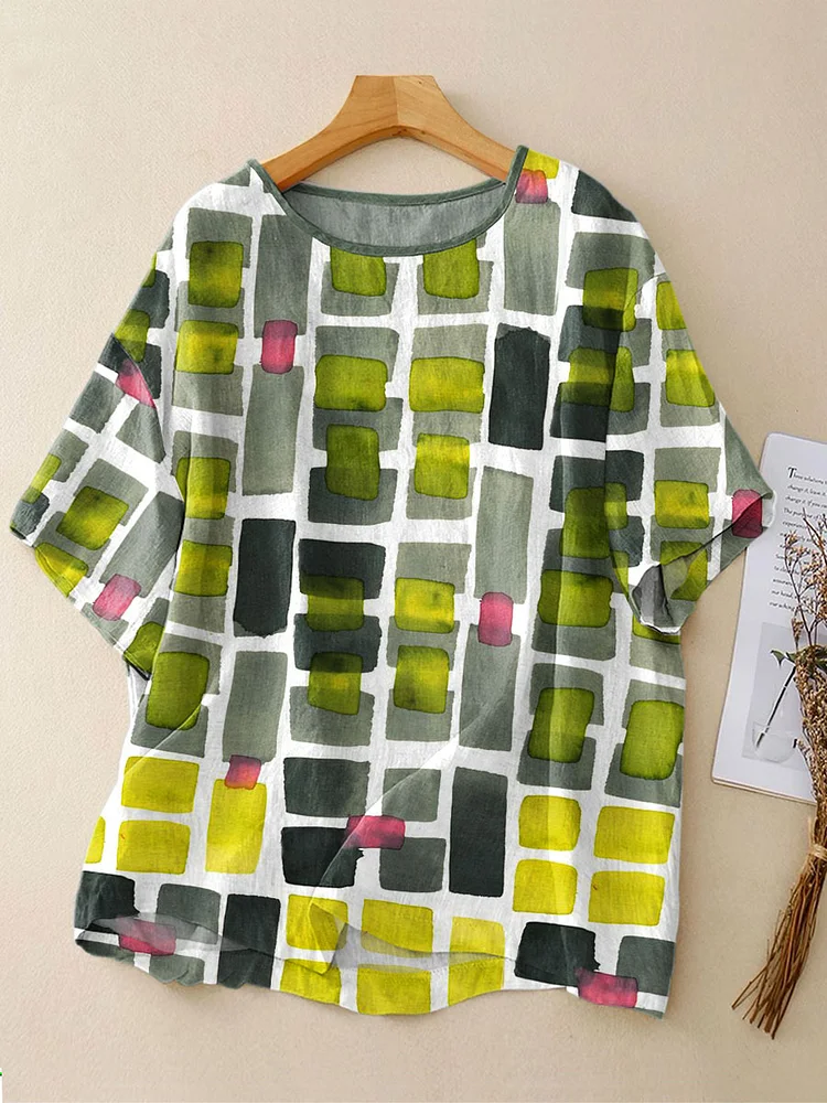 Women's Vintage Abstract Geometric Line Art Print Casual Linen Crew Neck Shirt