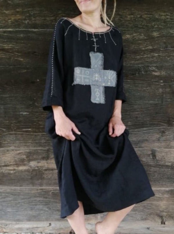 Casual Cross Pattern Long Sleeve Linen Dress