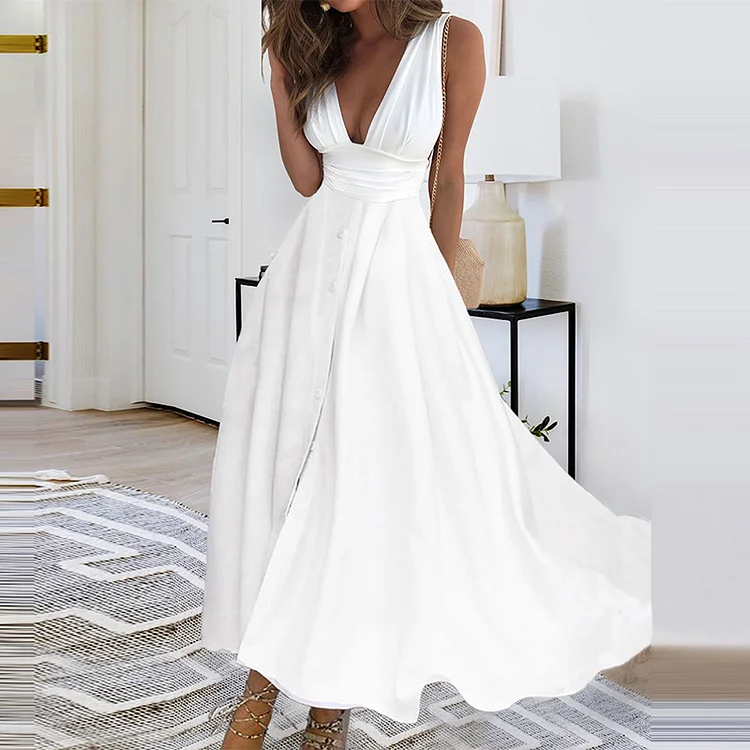 Summer V Neck Solid Color Elegant Casual Sleeveless High Waist Party Midi Dress