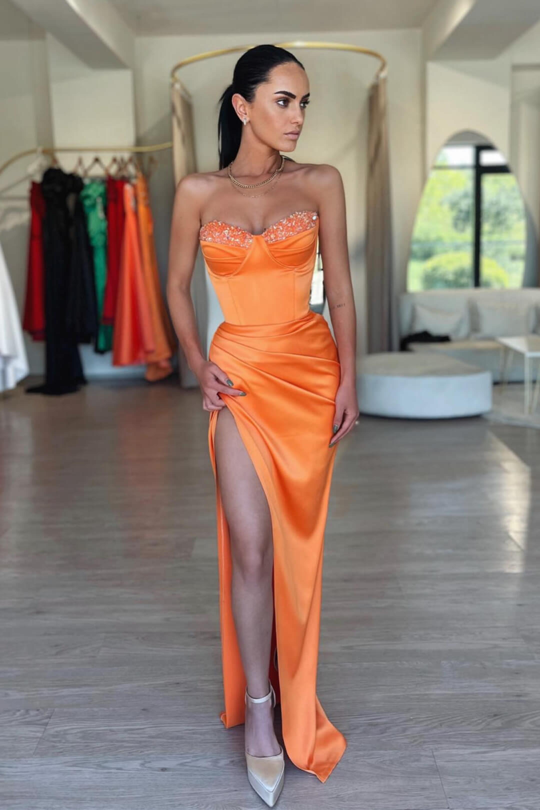 Chic Orange Sweetheart Sleeveless Mermaid Evening Gown With Split Sequins Beads - lulusllly
