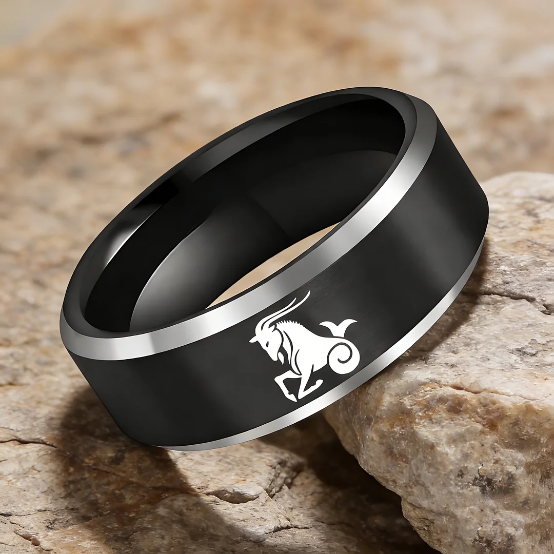 Mens Womens Black Capricorn Tungsten Carbide Rings Black Edges and Laser Etched Wedding Bands Comfort Fit 4MM 6MM 8MM