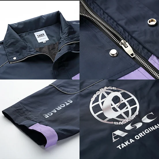 This jacket featuring a high standing collar, a button over front zip fastening, a concealed front fastening, two chest pockets, two front pockets, long sleeves and a short length.