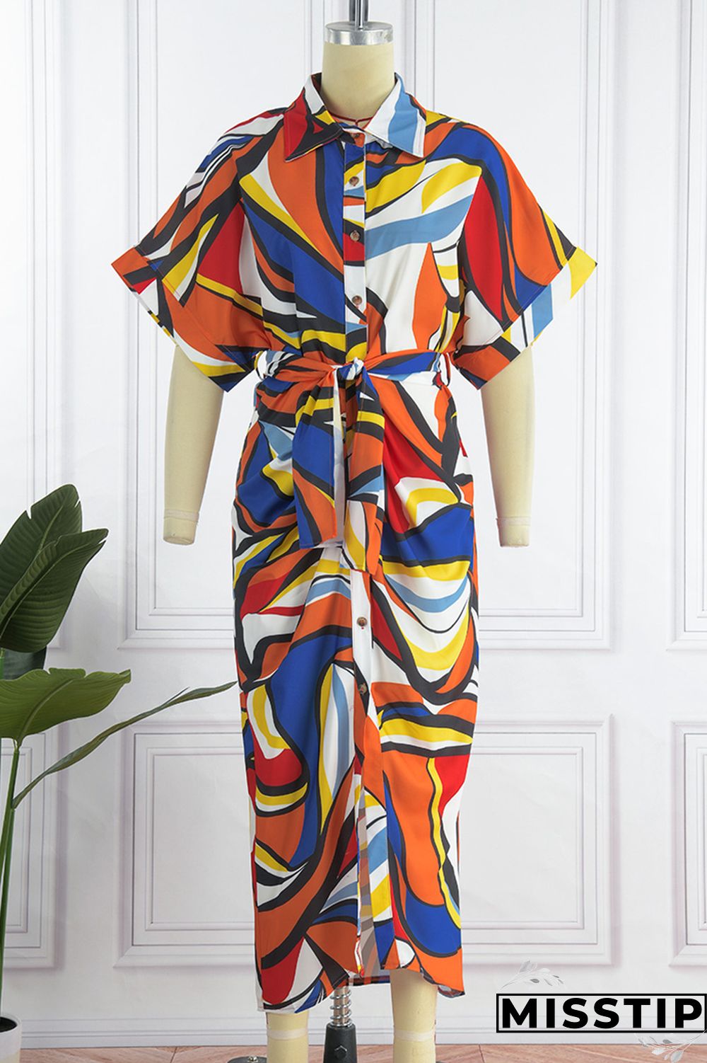 Blue Fashion Casual Print Patchwork Turndown Collar Shirt Dress