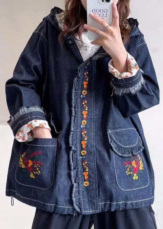 Loose Blue Hooded Embroideried Pockets Denim Coat Long Sleeve