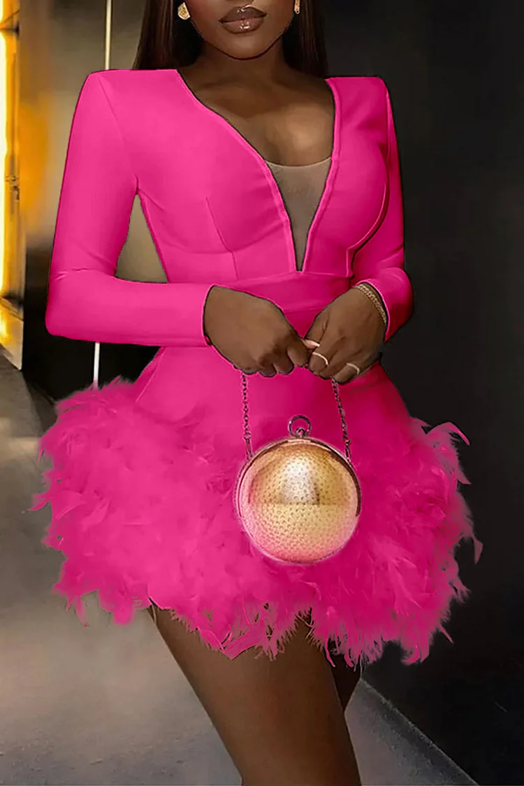 Plus Size Pink Party Mesh Feather V Neck Long Sleeve Mini Dresses [Pre-Order]