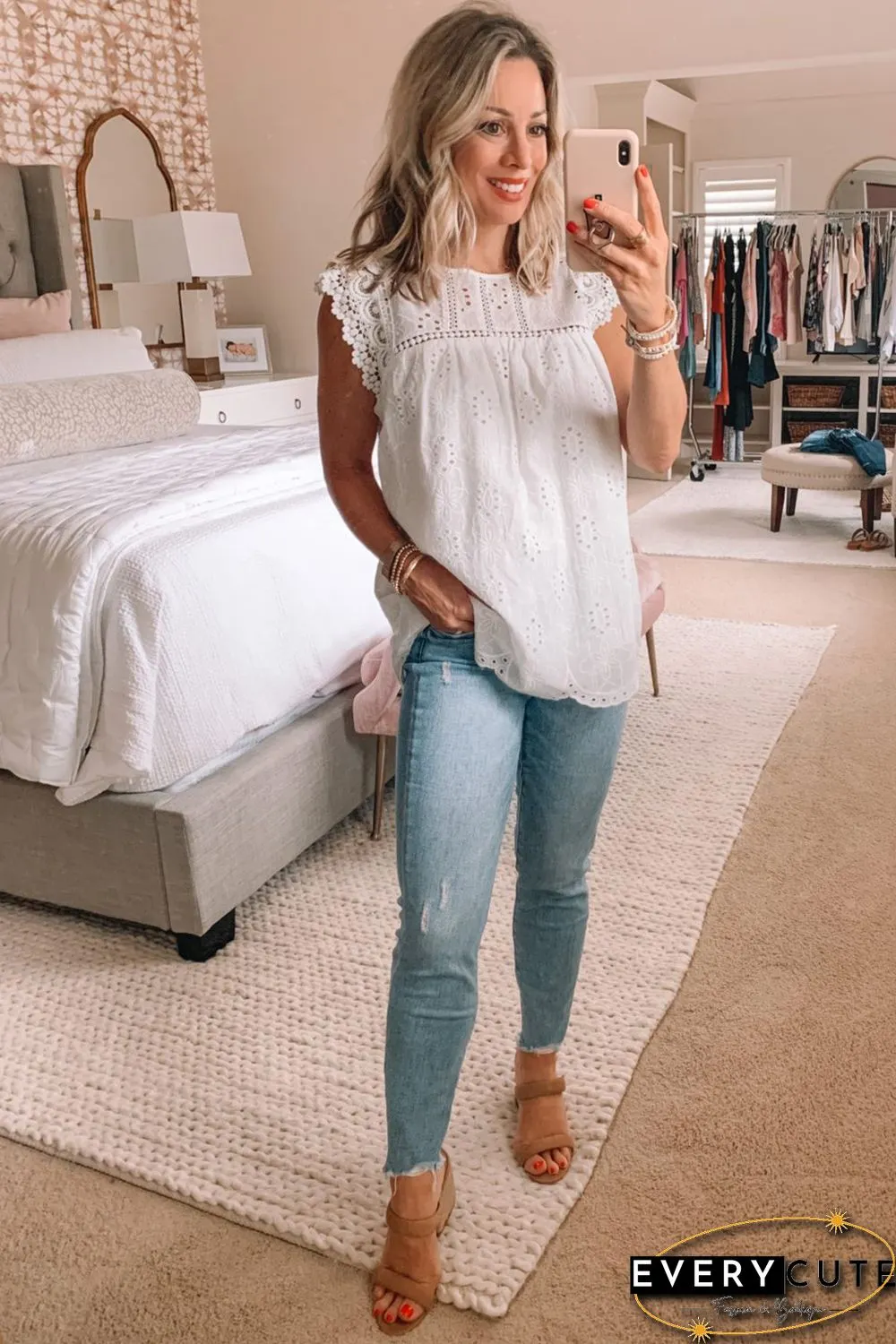 White Sleeveless Eyelet Tank Top
