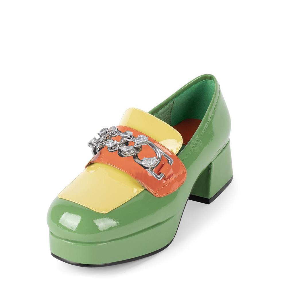 Multicolor Patent Leather Round Toe Chain Chunky Loafers for Women