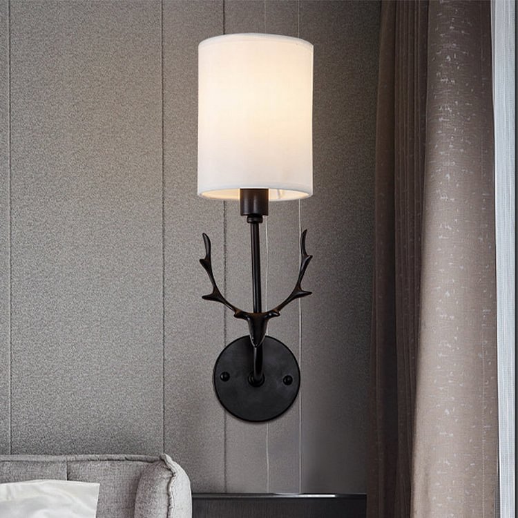 Cylinder Living Room Wall Lighting Countryside Fabric Shade 1 Head Black/Brass Sconce Lamp Fixture