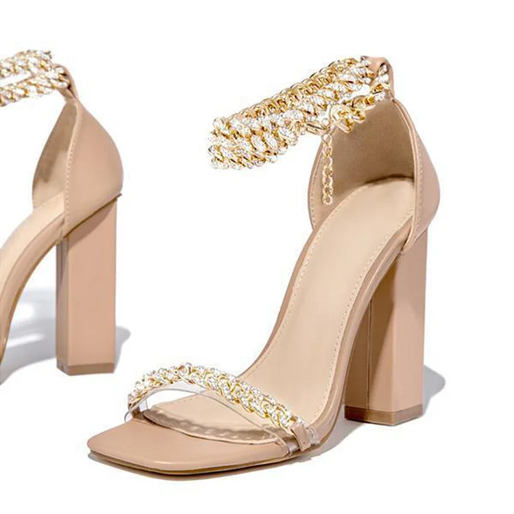 Rhinestones Square Toe Shoes Metal Chain Block Heel Ankle Strap Sandal |FSJ Shoes