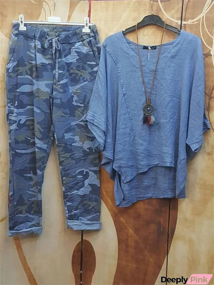 Women's Ethnic Style Irregular Hem T-shirt + Camouflage Pants
