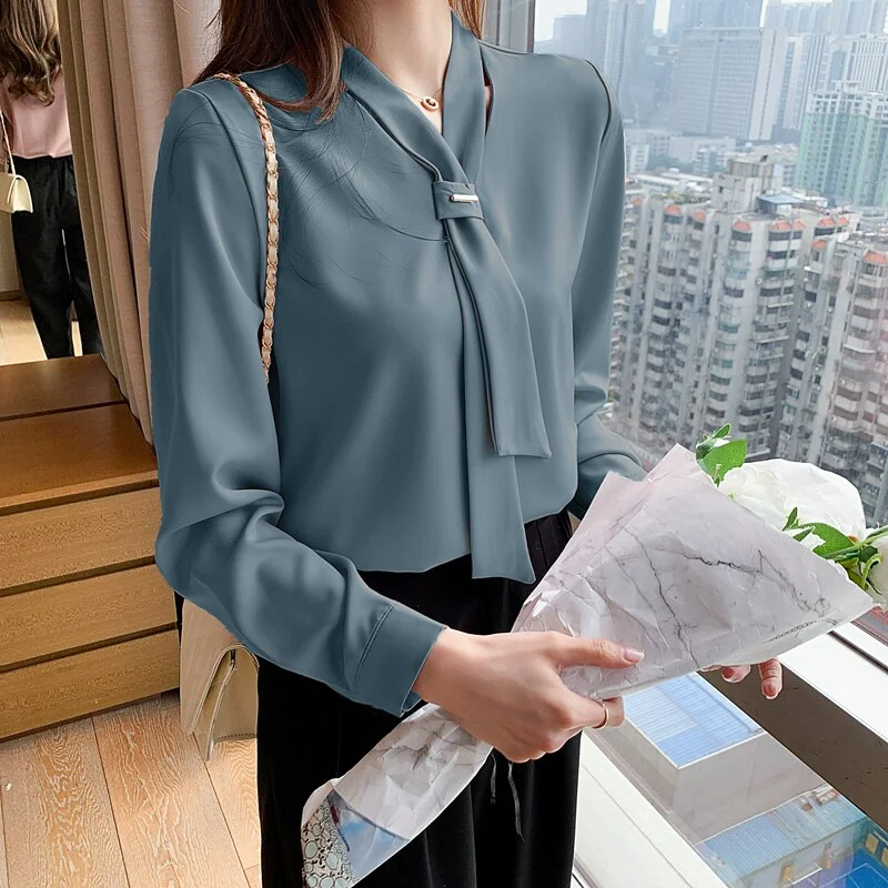 2021 Office Long Sleeve White Woman Shirt Korean Chiffon Women Blouse  with Tie Fashion Tops V Neck Loose Female Clothing 13022
