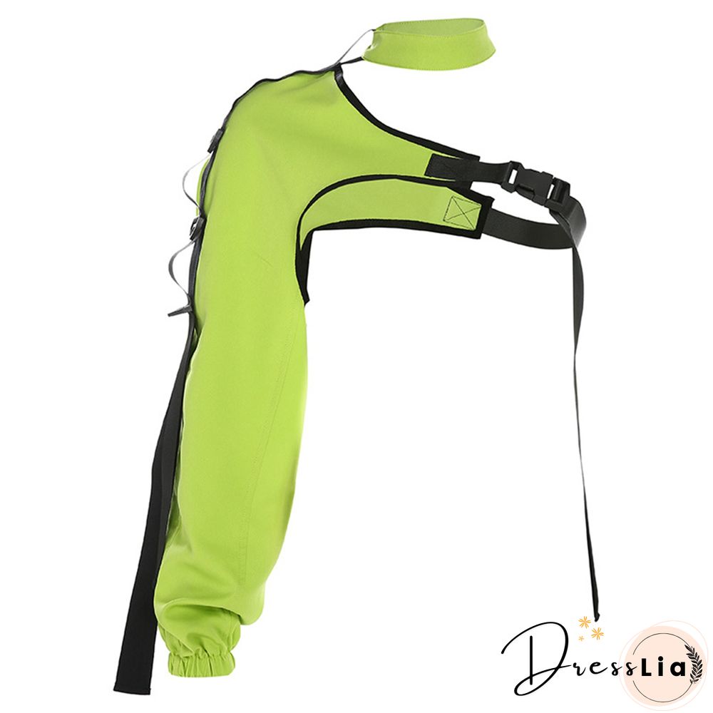 New Women Solid Color Cropped Tops Long Sleeve O-neck Off Shoulder VestWith BuckleFor Summer