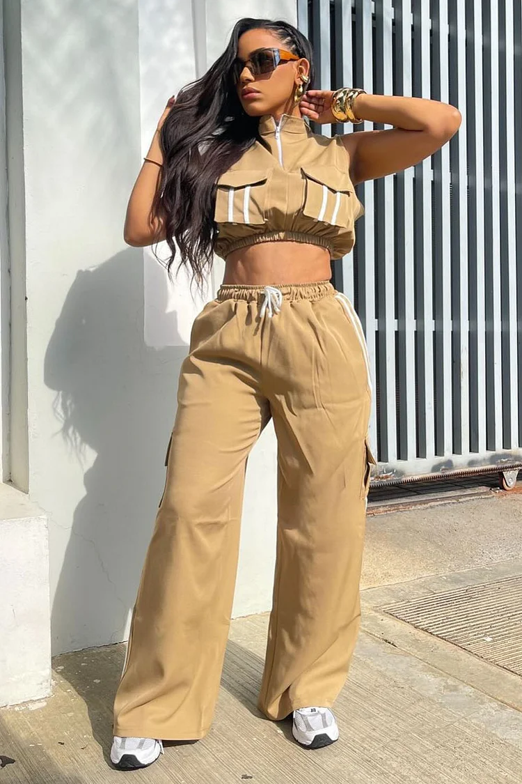 High Neck Zip-Up Vest Cargo Pocket Wide Leg Pants 2pcs Set-Khaki [Pre Order]