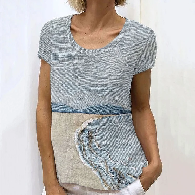 Ocean Denim Splicing Art Cotton And Linen T-Shirt