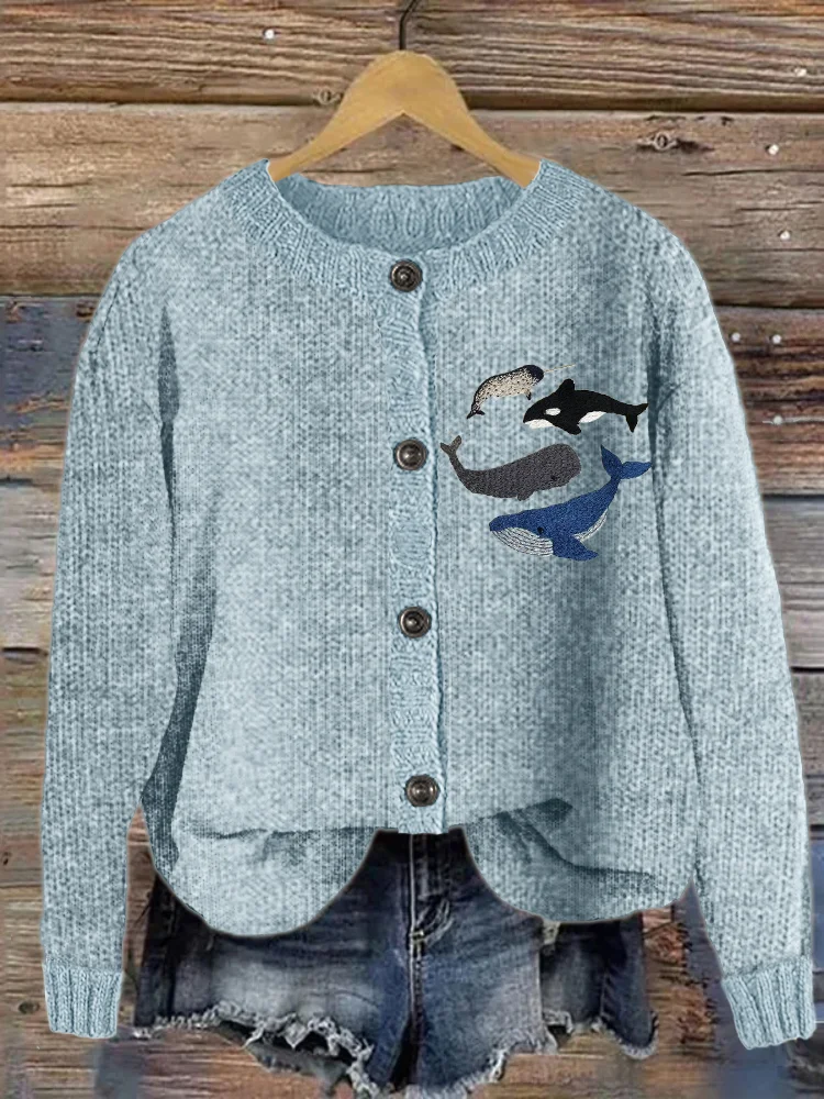Species of Whales Embroidery Art Cozy Knit Cardigan