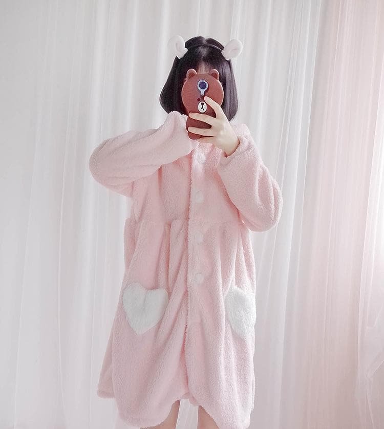 White/Pink Bunny Heart Plush Homewear Dress S13081