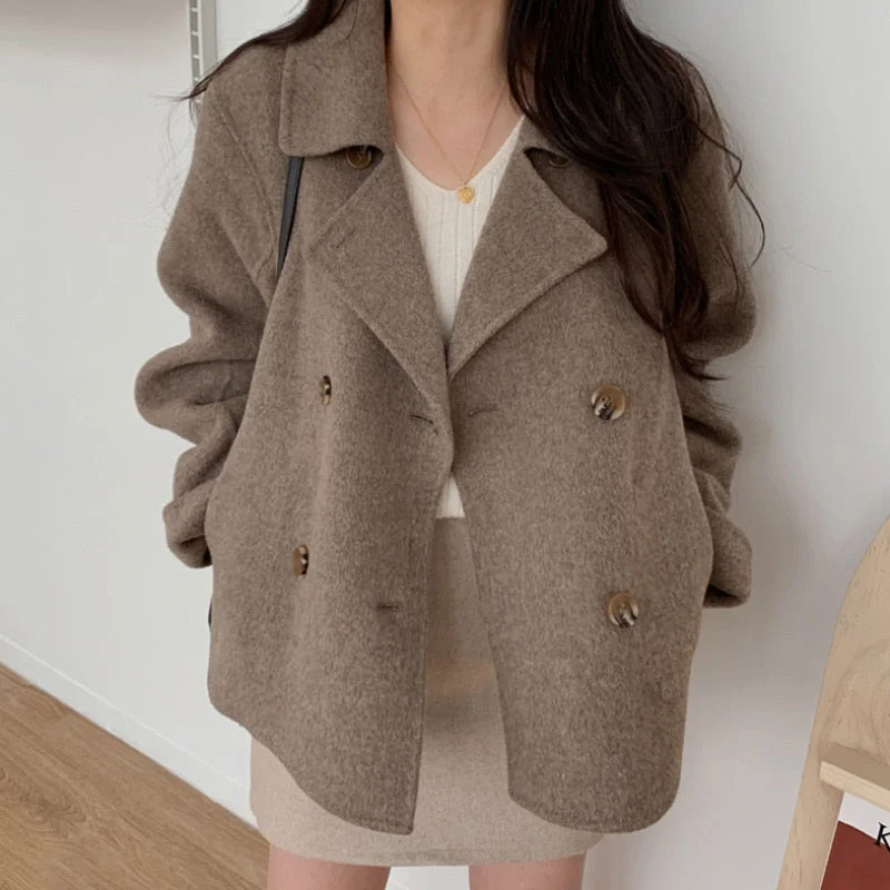 Aachoae 2021 New Fashion Women Elegant Double Breasted Long Sleeve Wool Coats Autumn Winter Chic Casual Solid Color Outerwear