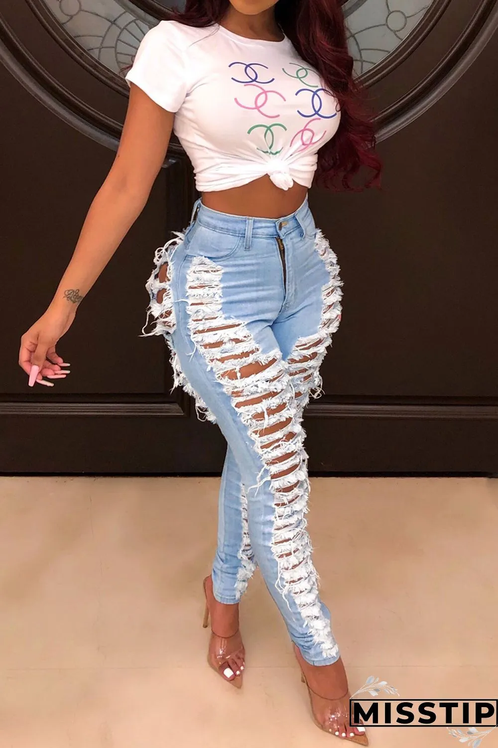 Dark Blue Denim Button Fly Sleeveless High Hole Solid Patchwork pencil Pants Pants