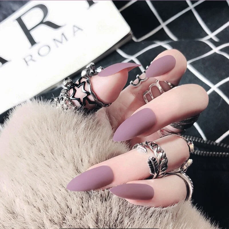 24Pcs Full Cover Pointed Head Scrub Temperament white matte false nails Wearable Stiletto Fake press on Nail with Glue for gils-Nail Inspo