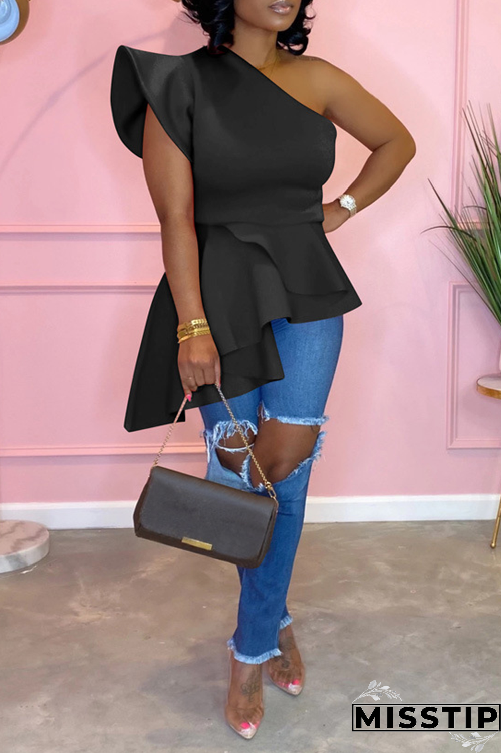 Blue Street Solid Flounce One Shoulder T-Shirts